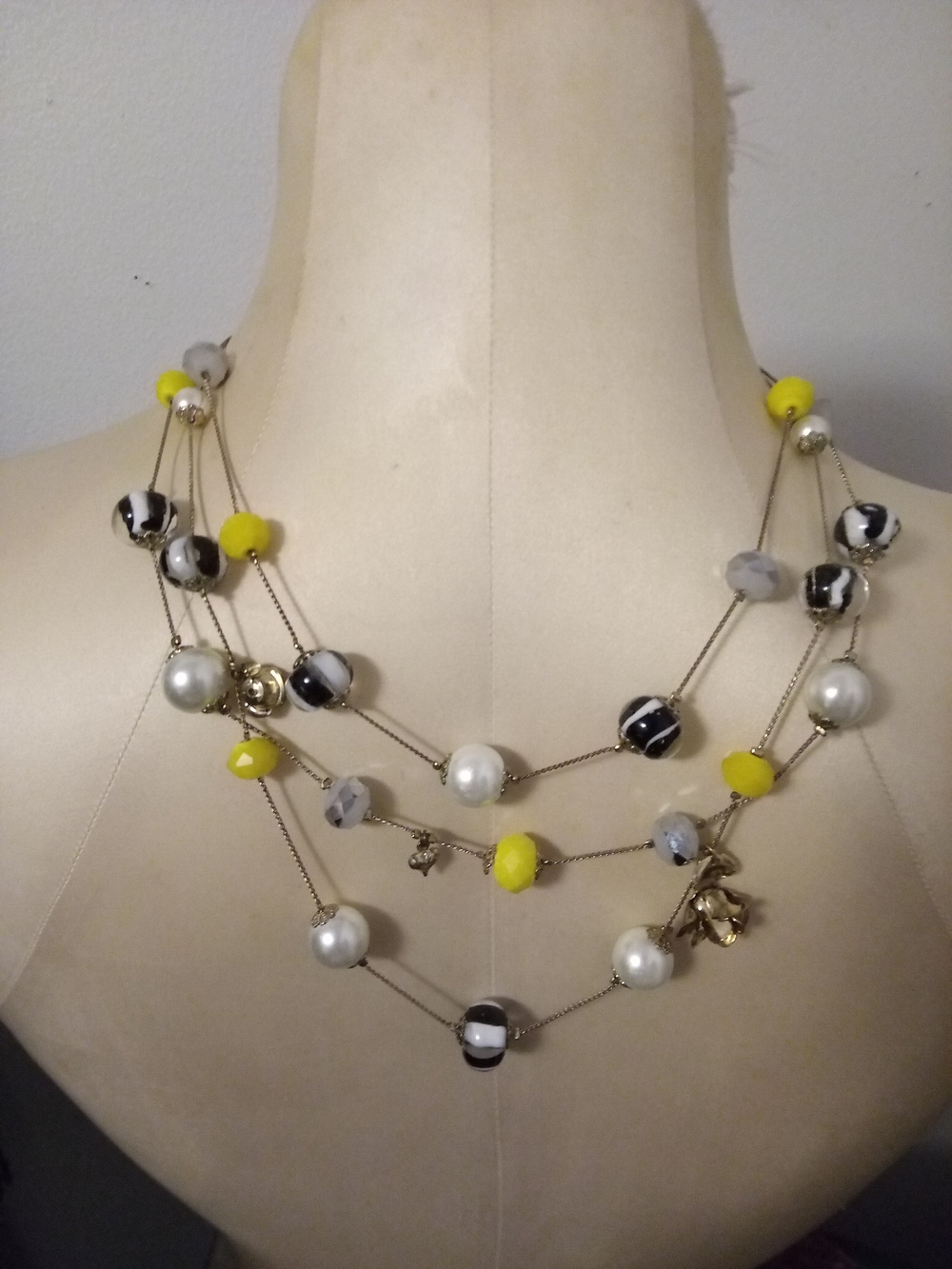 Source Unknown Yellow, Black, White & Gray Multi-Strand Beaded Necklace